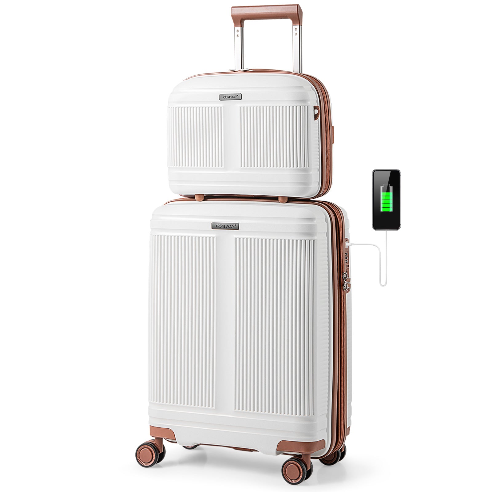 LIVSK 2-delige bagageset - Handbagagekoffer 20" met USB-aansluiting - Cosmetica koffer 14" - Harde schaal - Wit