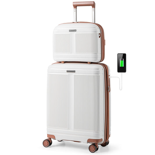 LIVSK 2-delige bagageset - Handbagagekoffer 20" met USB-aansluiting - Cosmetica koffer 14" - Harde schaal - Wit