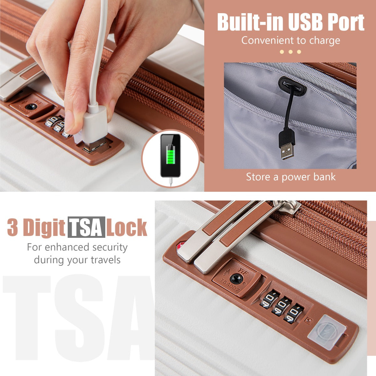 LIVSK 2-delige bagageset - Handbagagekoffer 20" met USB-aansluiting - Cosmetica koffer 14" - Harde schaal - Wit