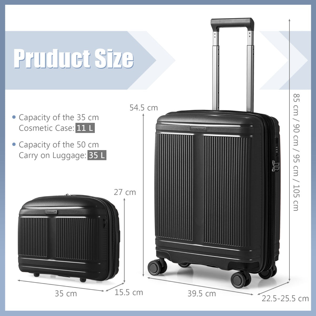 LIVSK 2-delige Bagageset - 14" Cosmetica Koffer & 20" Handbagagekoffer - USB Aansluiting - TSA-slot - Zwart