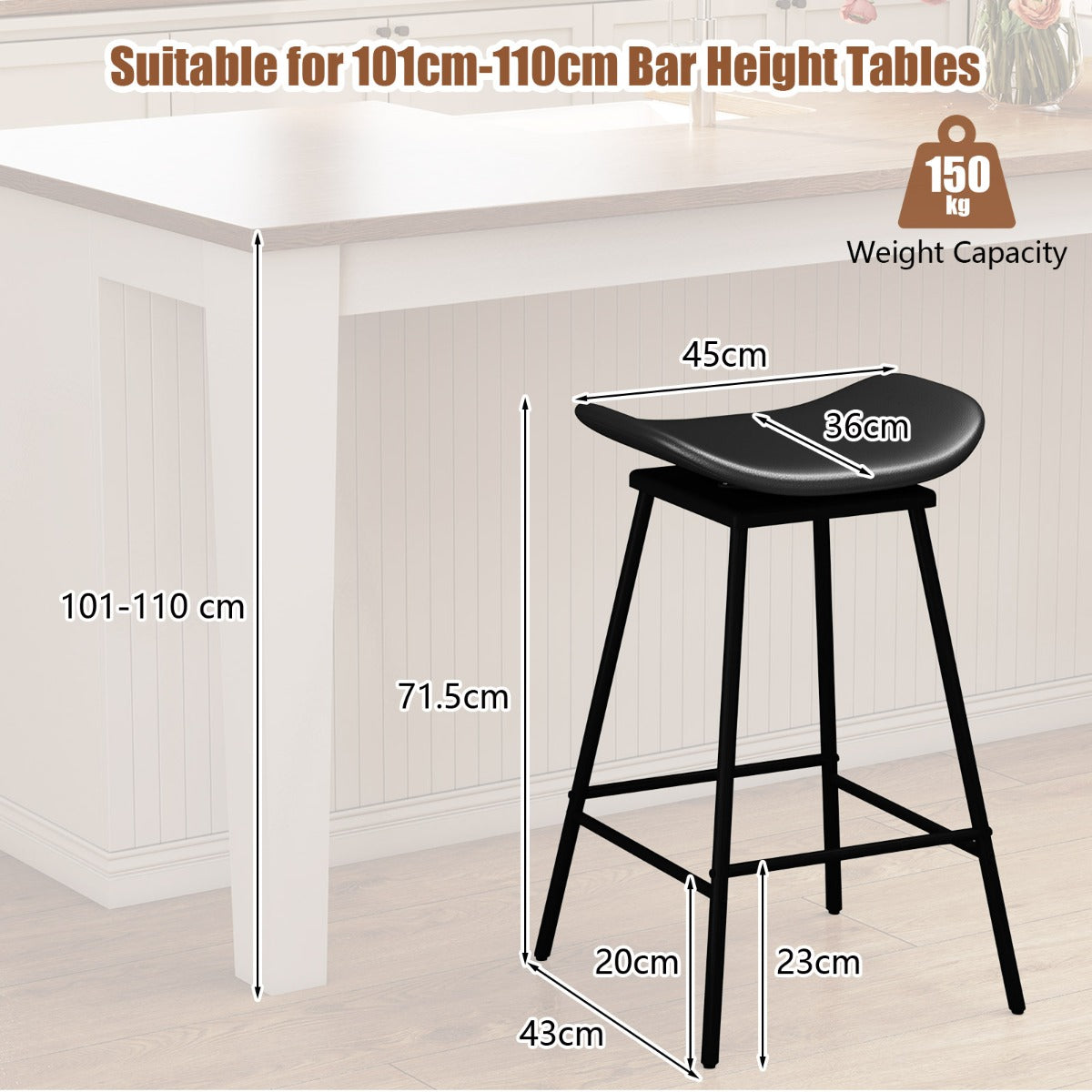 LIVSK Draaibare Barkrukken - Kunstlederen Zitting - Voetensteun - Robuust Metalen Frame - Tot 150 kg - Ideaal voor 101-110 cm -