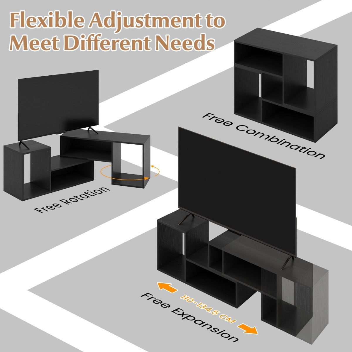 LIVSK modulaire tv-standaard - Aanpasbare L-vormige planken - Geschikt voor tv's tot 60 inch - Robuust en multifunctioneel - Zwart