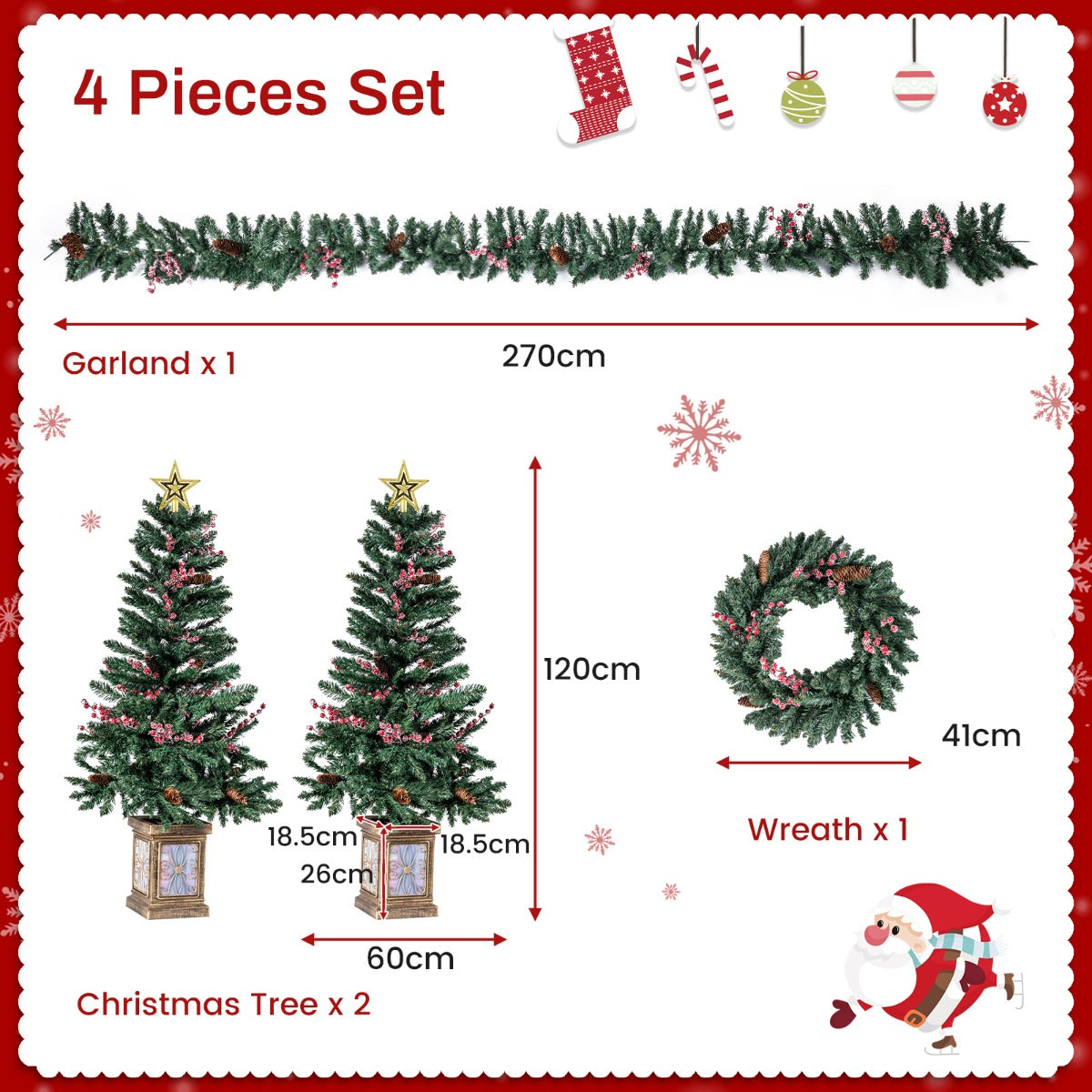 LIVSK 4-delige Kerstboomset - Inclusief Slinger en Krans - Brandveilig PVC - Retro Bloembak - 120 cm - Groen
