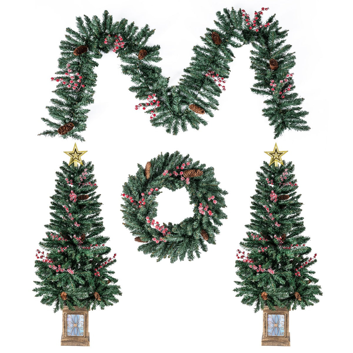 LIVSK 4-delige Kerstboomset - Inclusief Slinger en Krans - Brandveilig PVC - Retro Bloembak - 120 cm - Groen