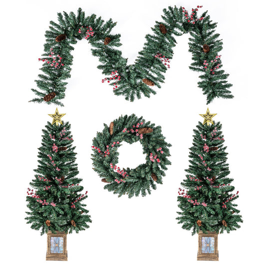 LIVSK 4-delige Kerstboomset - Inclusief Slinger en Krans - Brandveilig PVC - Retro Bloembak - 120 cm - Groen