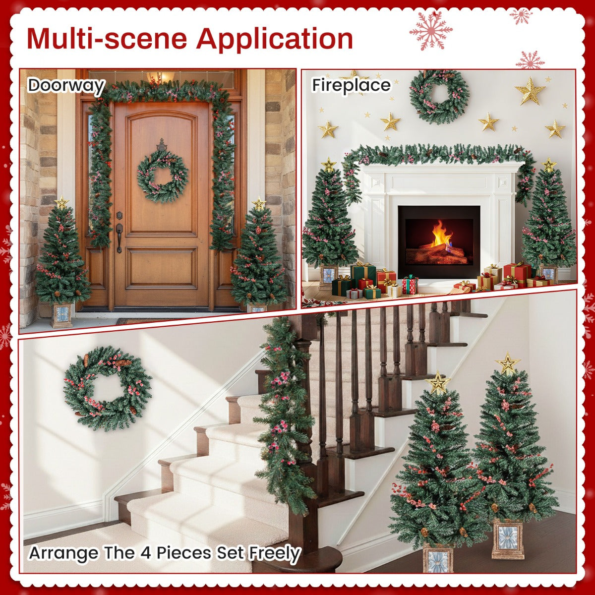 LIVSK 4-delige Kerstboomset - Inclusief Slinger en Krans - Brandveilig PVC - Retro Bloembak - 120 cm - Groen