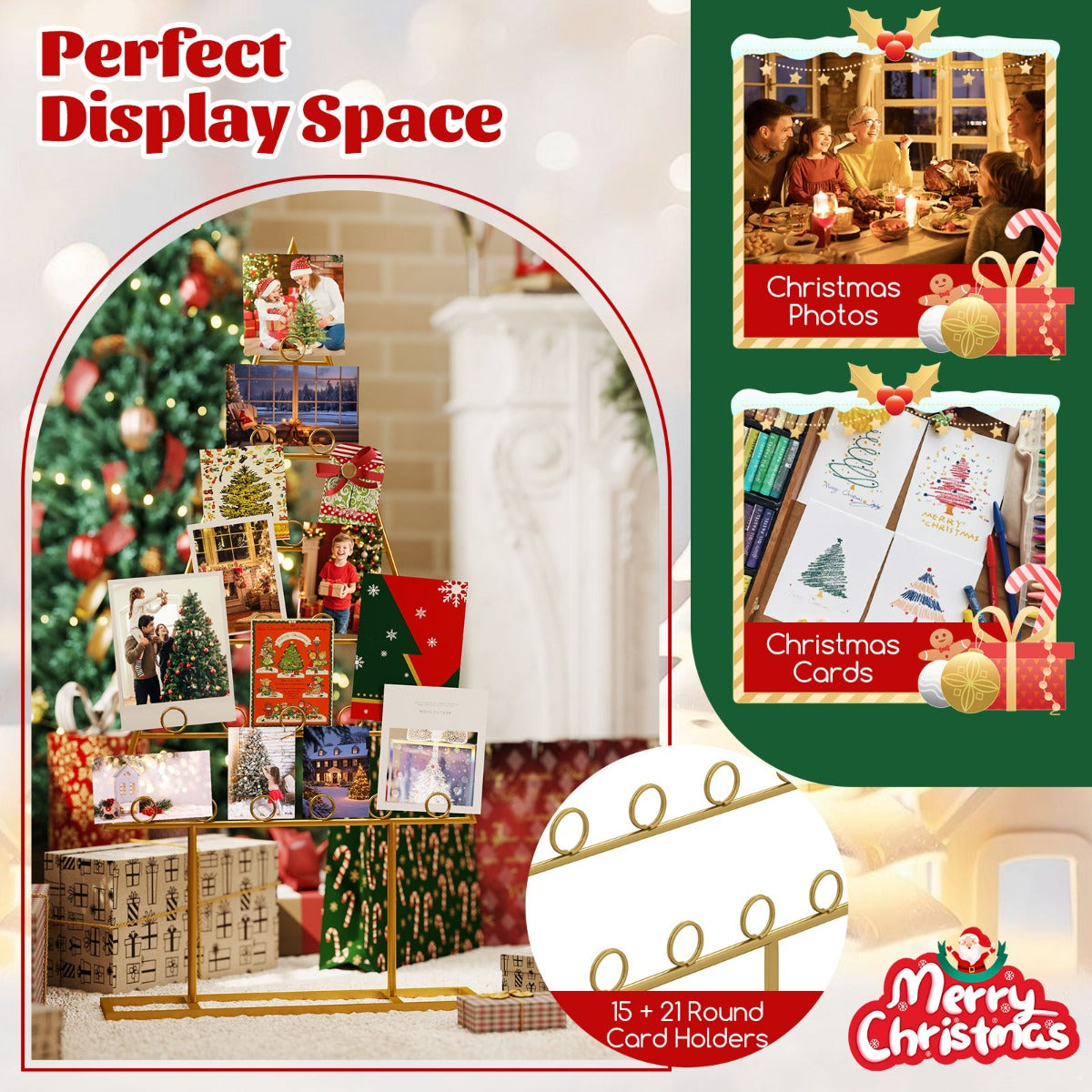 Livsk costway 2 delige kerstboomkaartdisplaystandaard met 36 ronde clips en metalen voet 3