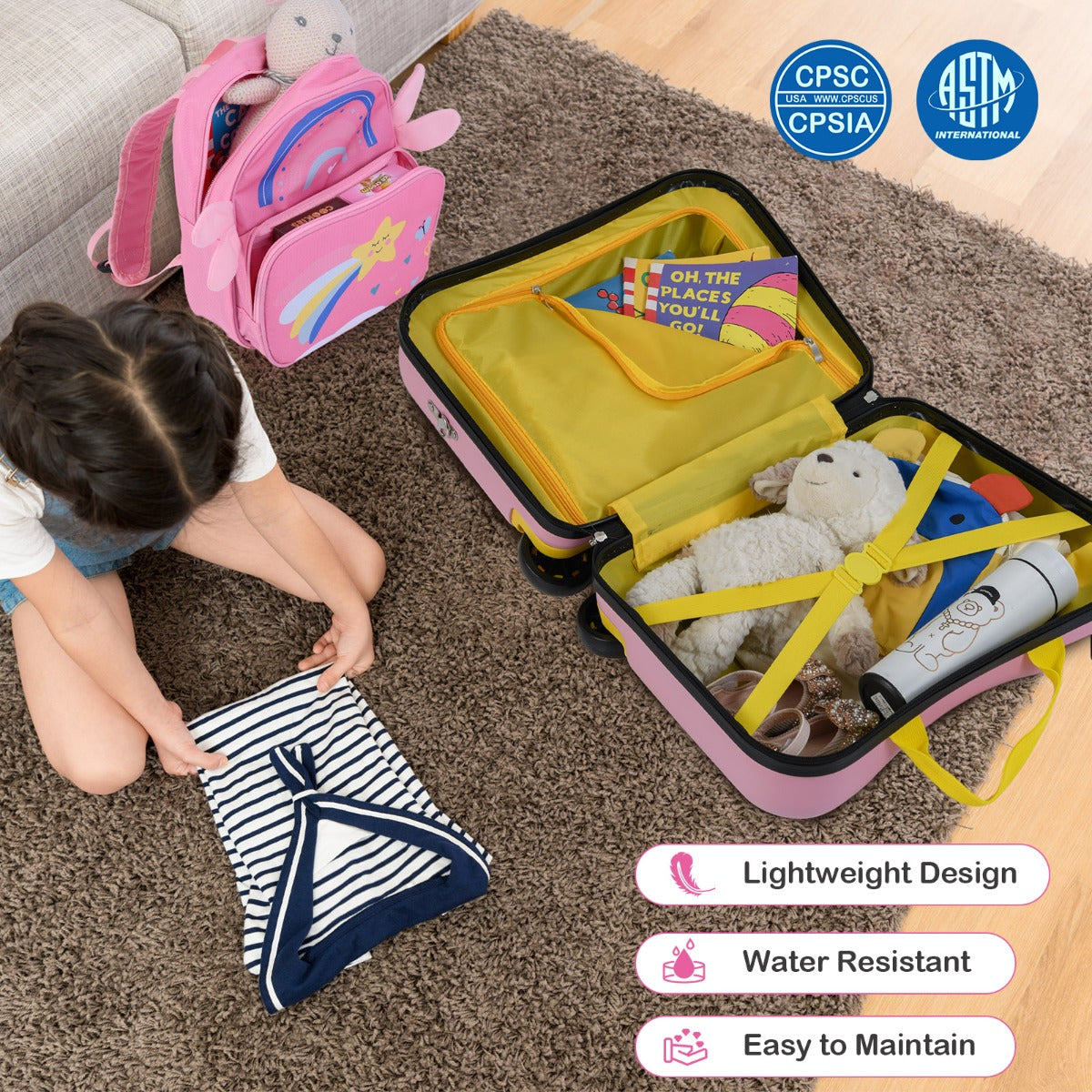 LIVSK Kinderkofferset met Zitkoffer en Rugzak - Multifunctioneel en Ergonomisch - Waterdicht en Duurzaam - Roze