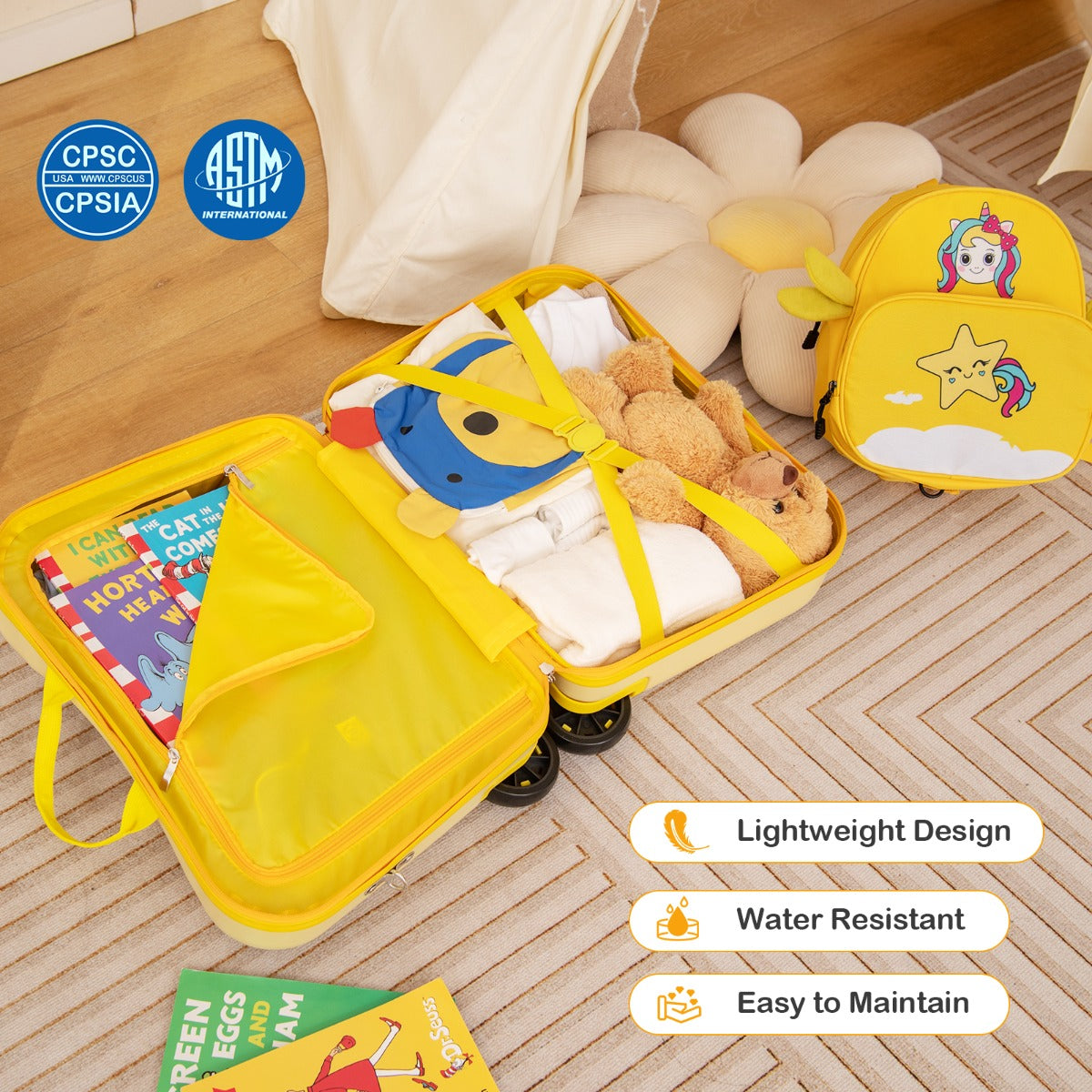 LIVSK Waterdichte 2-Delige Kinderkofferset - Ride-on Koffer 47 cm en Rugzak 30 cm - Verstelbaar Handvat - Geel