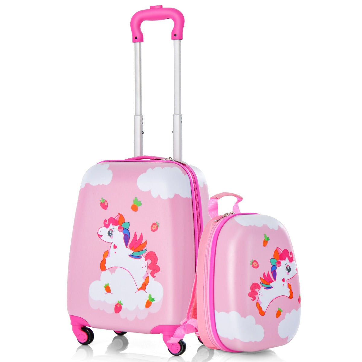 LIVSK Kinderkofferset met Rugzak - Stevig ABS - 360° Draaibare Wielen - Vrolijke Patronen - Lichtgewicht - Roze