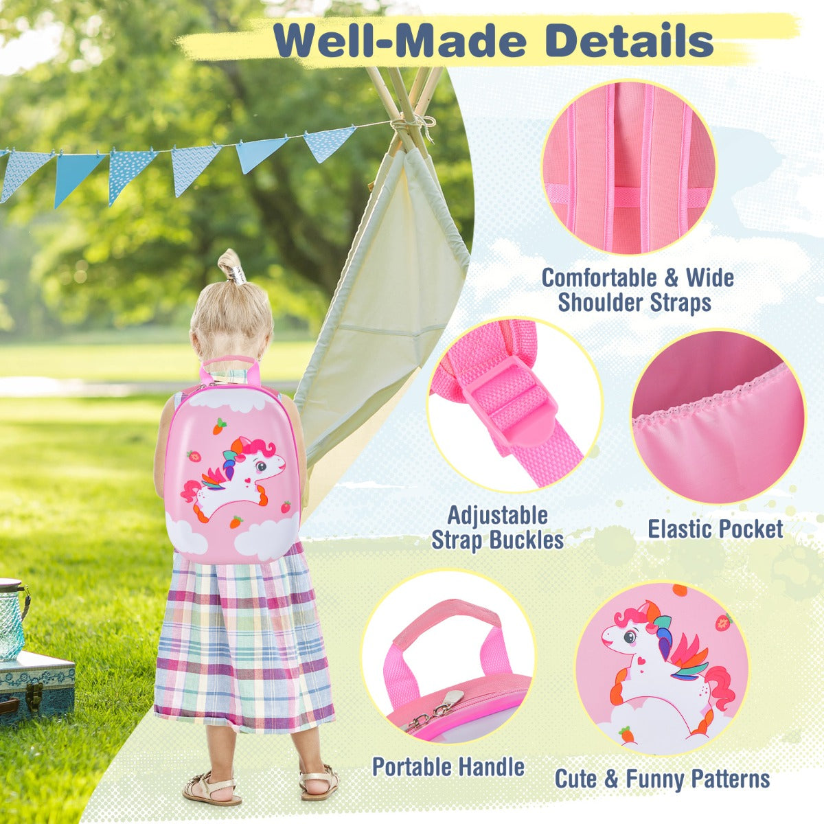 LIVSK Kinderkofferset met Rugzak - Stevig ABS - 360° Draaibare Wielen - Vrolijke Patronen - Lichtgewicht - Roze