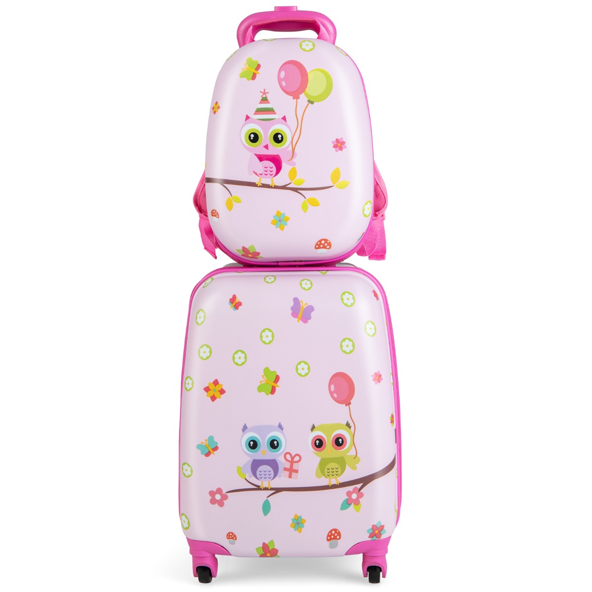 LIVSK Kinderkofferset - Robuuste ABS Kindertrolley en Rugzak - Lichtgewicht met 360° Wielen - Vrolijke Patronen - Roze