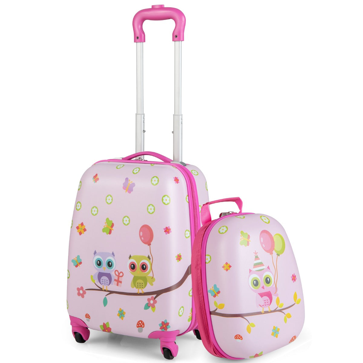 LIVSK Kinderkofferset - Robuuste ABS Kindertrolley en Rugzak - Lichtgewicht met 360° Wielen - Vrolijke Patronen - Roze