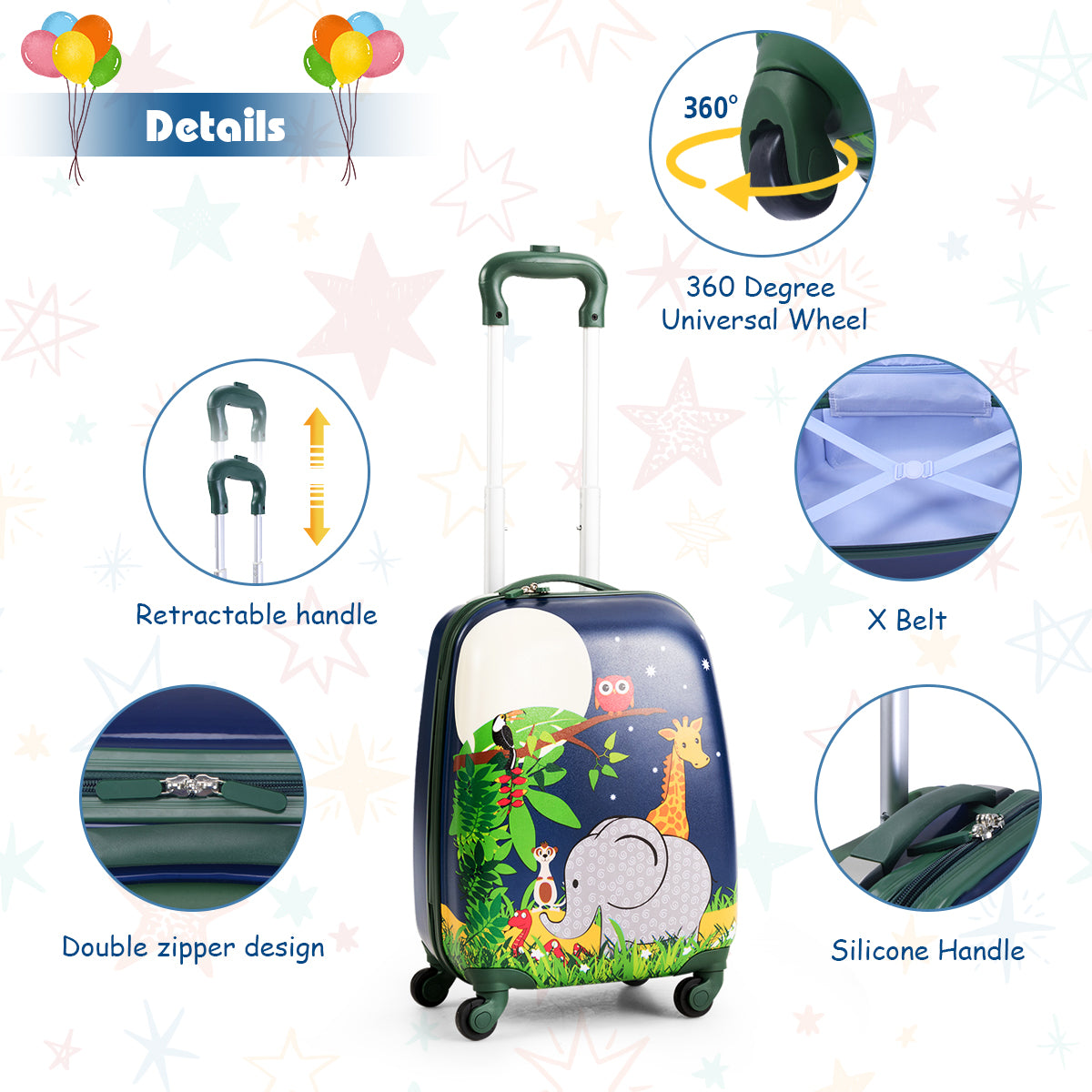 LIVSK Kinderkofferset - Lichtgewicht Kunststof Koffer en Rugzak - Waterdicht - 360° Wielen - Diverse Patronen - Blauw