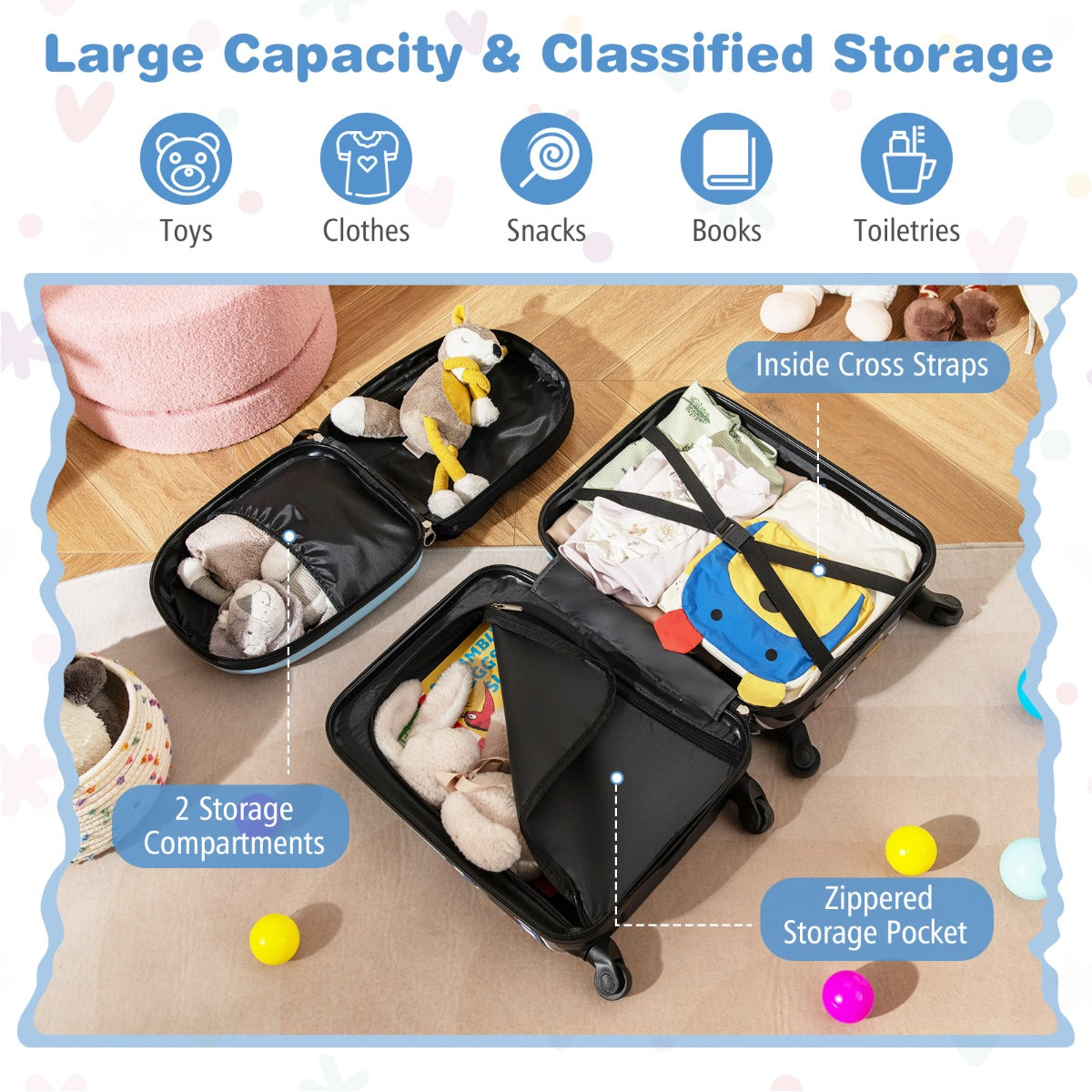 LIVSK Kinderbagageset - 17" Koffer en Rugzak - Stevig ABS en PC - Uitschuifbare Handgreep - Handbagageformaat - Blauw