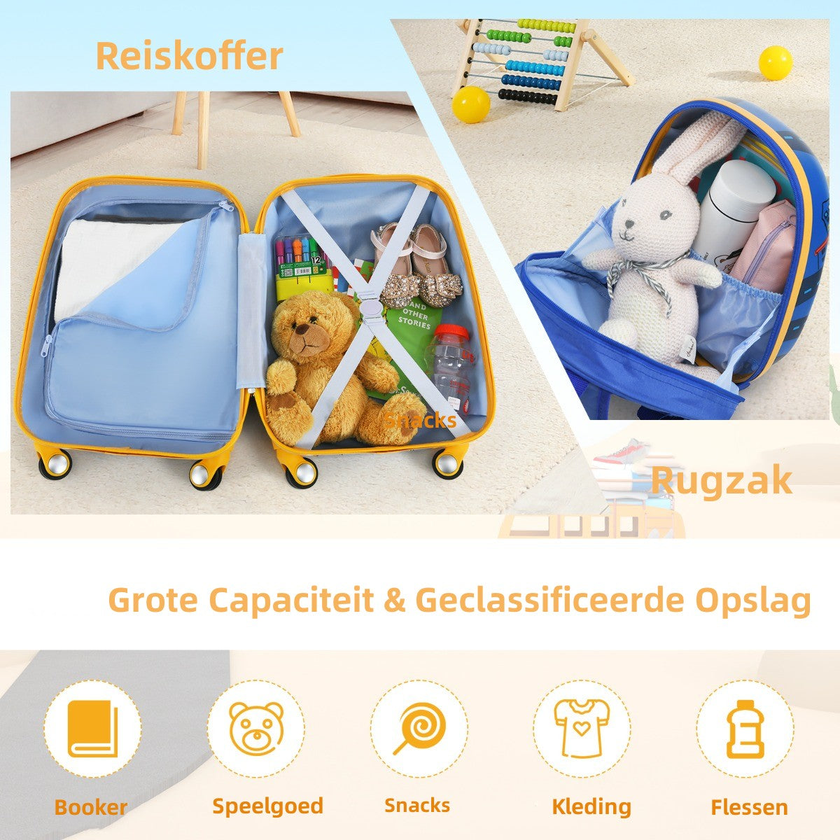 LIVSK 2-delige Kinderbagageset - 12" Rugzak en 18" Koffer - Lichtgewicht en Duurzaam - Ideaal voor School en Reizen - Blauw