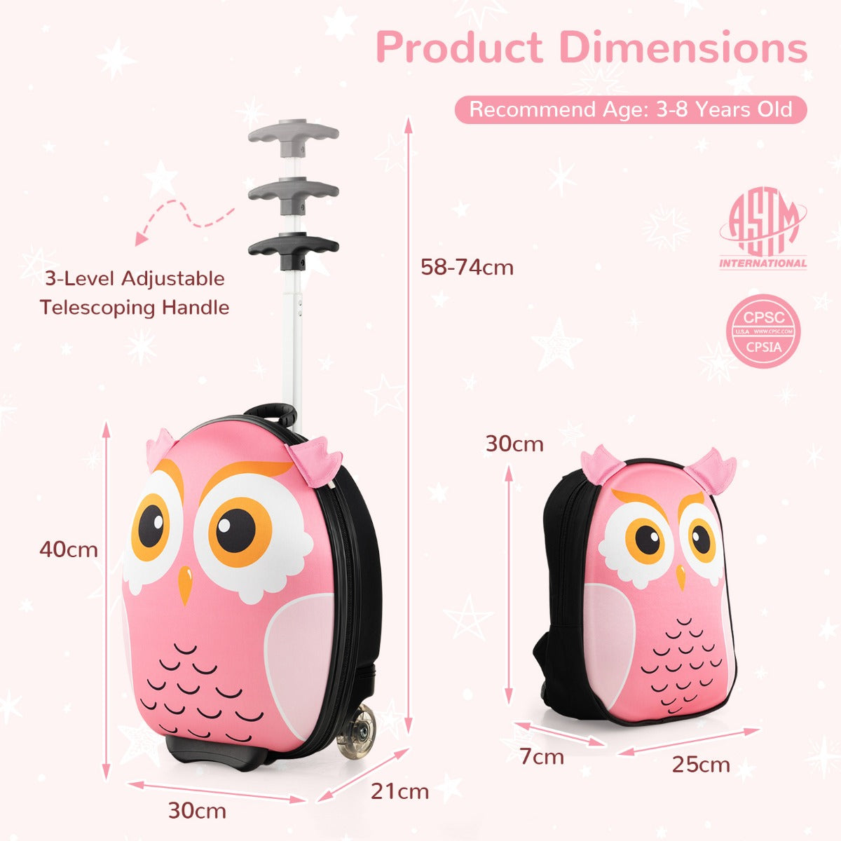 LIVSK 2-delige Kinderkofferset - Handbagage Rolkoffer 40 cm en Rugzak 30 cm - Krasbestendig - Leuk Ontwerp - Roze
