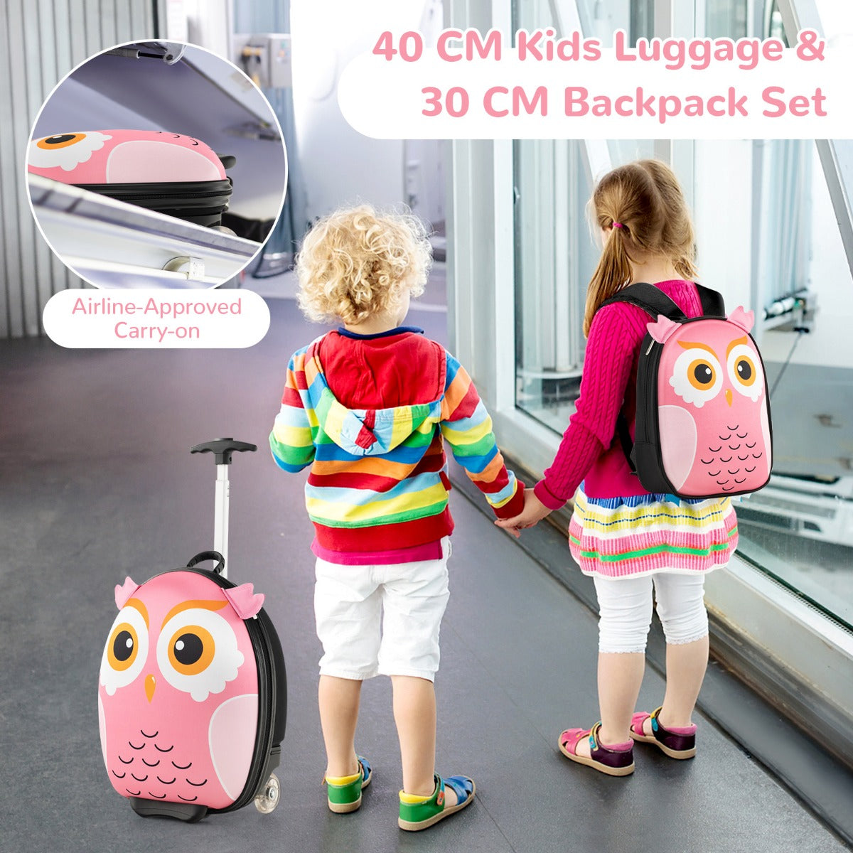LIVSK 2-delige Kinderkofferset - Handbagage Rolkoffer 40 cm en Rugzak 30 cm - Krasbestendig - Leuk Ontwerp - Roze