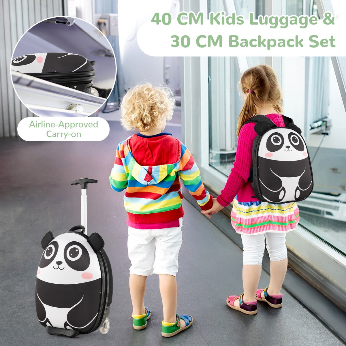 Livsk costway 2 delige kinderkofferset met 40 cm kinderkoffer 30 cm rugzak rollende koffer reistrolleykofferset voor kinderen zwart wit 3