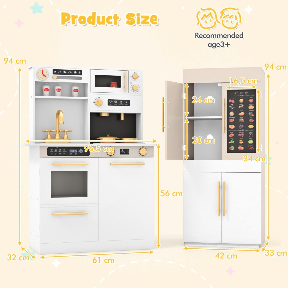 Livsk costway 2 delige kinderkookset speelkeuken en koelkast met educatieve sprekende wandposter koffiezetapparaat en magnetron 1 1