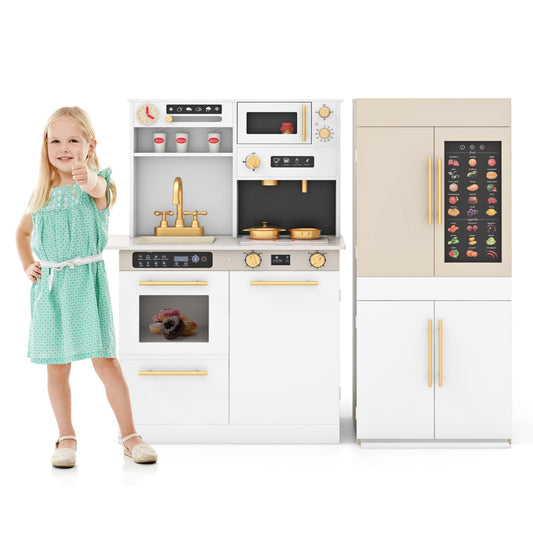 Livsk costway 2 delige kinderkookset speelkeuken en koelkast met educatieve sprekende wandposter koffiezetapparaat en magnetron