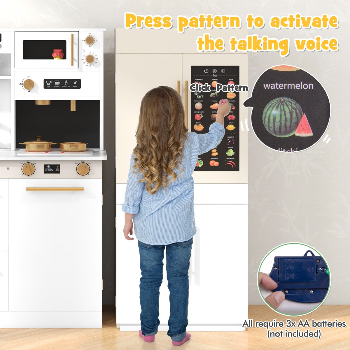 Livsk costway 2 delige kinderkookset speelkeuken en koelkast met educatieve sprekende wandposter koffiezetapparaat en magnetron 4