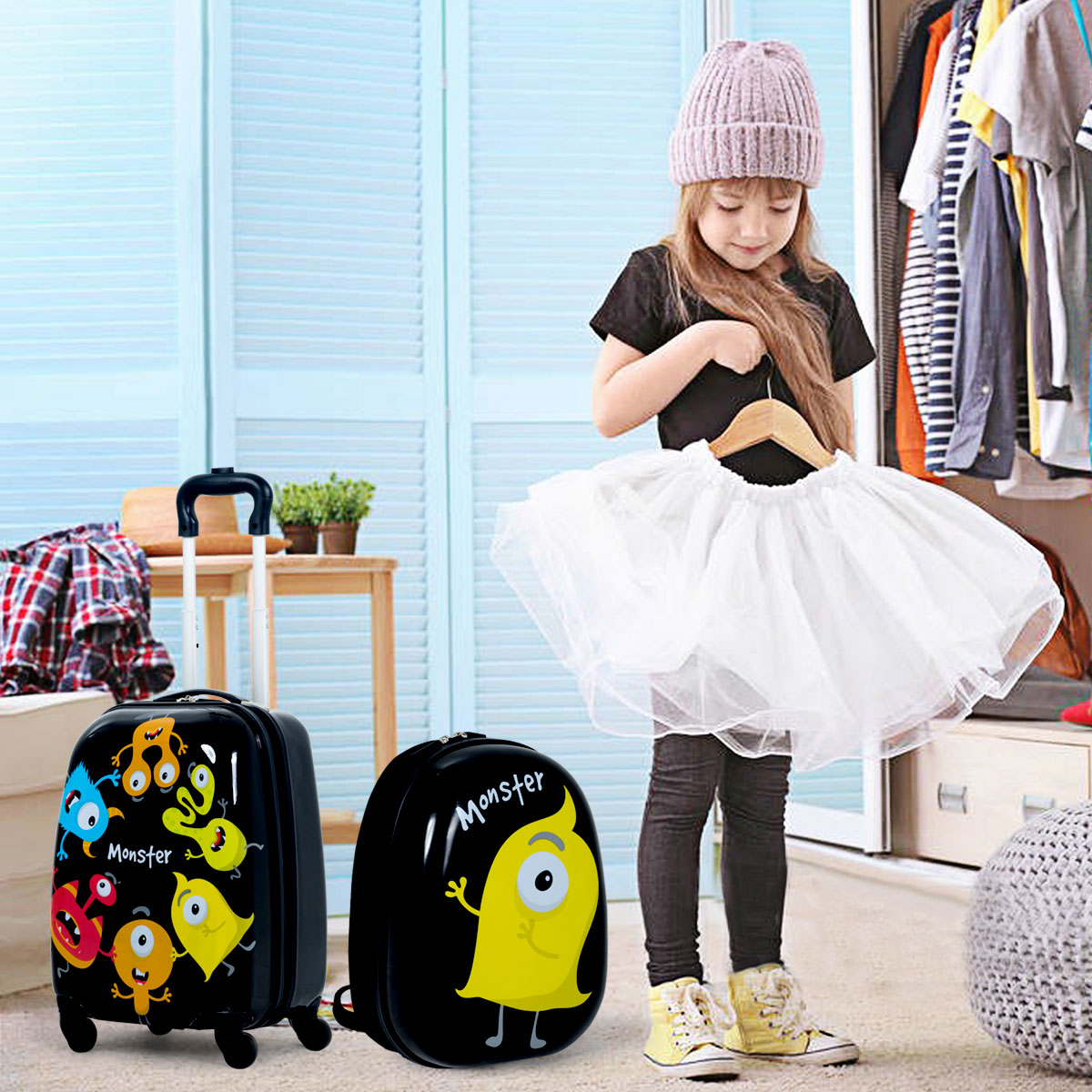 LIVSK Kinderkofferset - Hardshell Koffer en Rugzak - Lichtgewicht - Waterdicht - Kindvriendelijke Patronen - Zwart