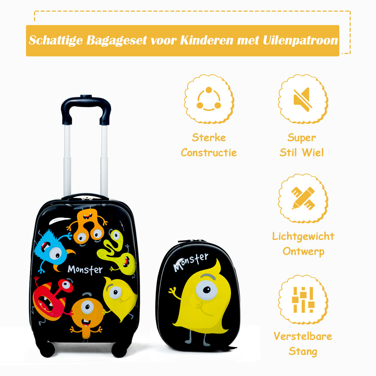 LIVSK Kinderkofferset - Hardshell Koffer en Rugzak - Lichtgewicht - Waterdicht - Kindvriendelijke Patronen - Zwart