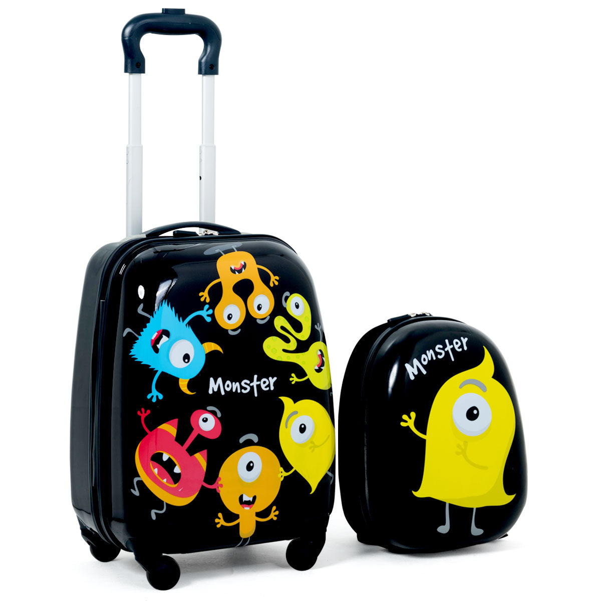 LIVSK Kinderkofferset - Hardshell Koffer en Rugzak - Lichtgewicht - Waterdicht - Kindvriendelijke Patronen - Zwart