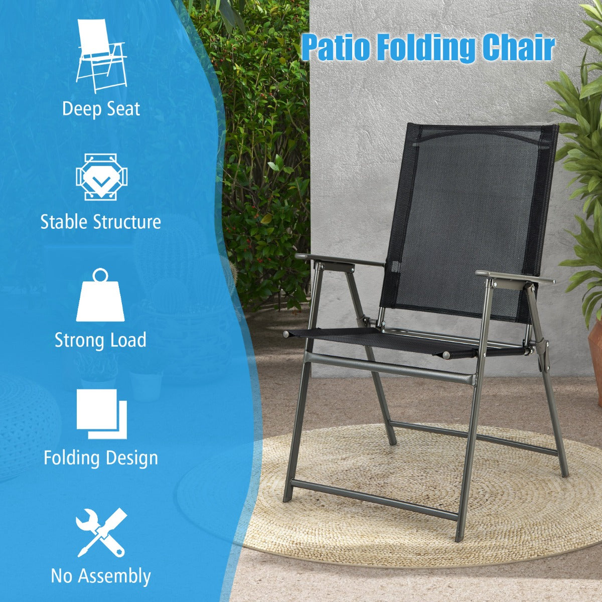 LIVSK Set van 2 Terrasstoelen - Hoge Rugleuningen - Ergonomisch - Weerbestendig - Opvouwbaar - Tot 150 kg - Zwart