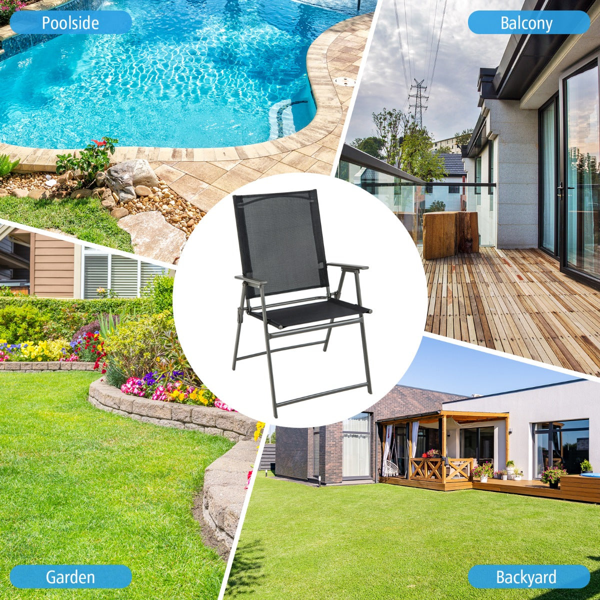 LIVSK Set van 2 Terrasstoelen - Hoge Rugleuningen - Ergonomisch - Weerbestendig - Opvouwbaar - Tot 150 kg - Zwart