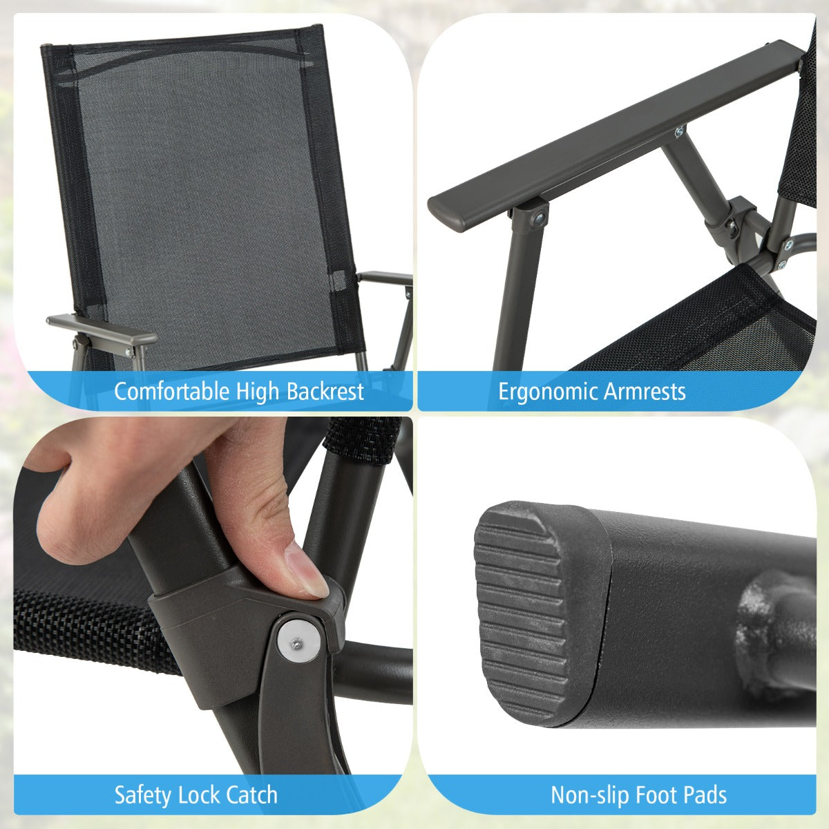LIVSK Set van 2 Terrasstoelen - Hoge Rugleuningen - Ergonomisch - Weerbestendig - Opvouwbaar - Tot 150 kg - Zwart