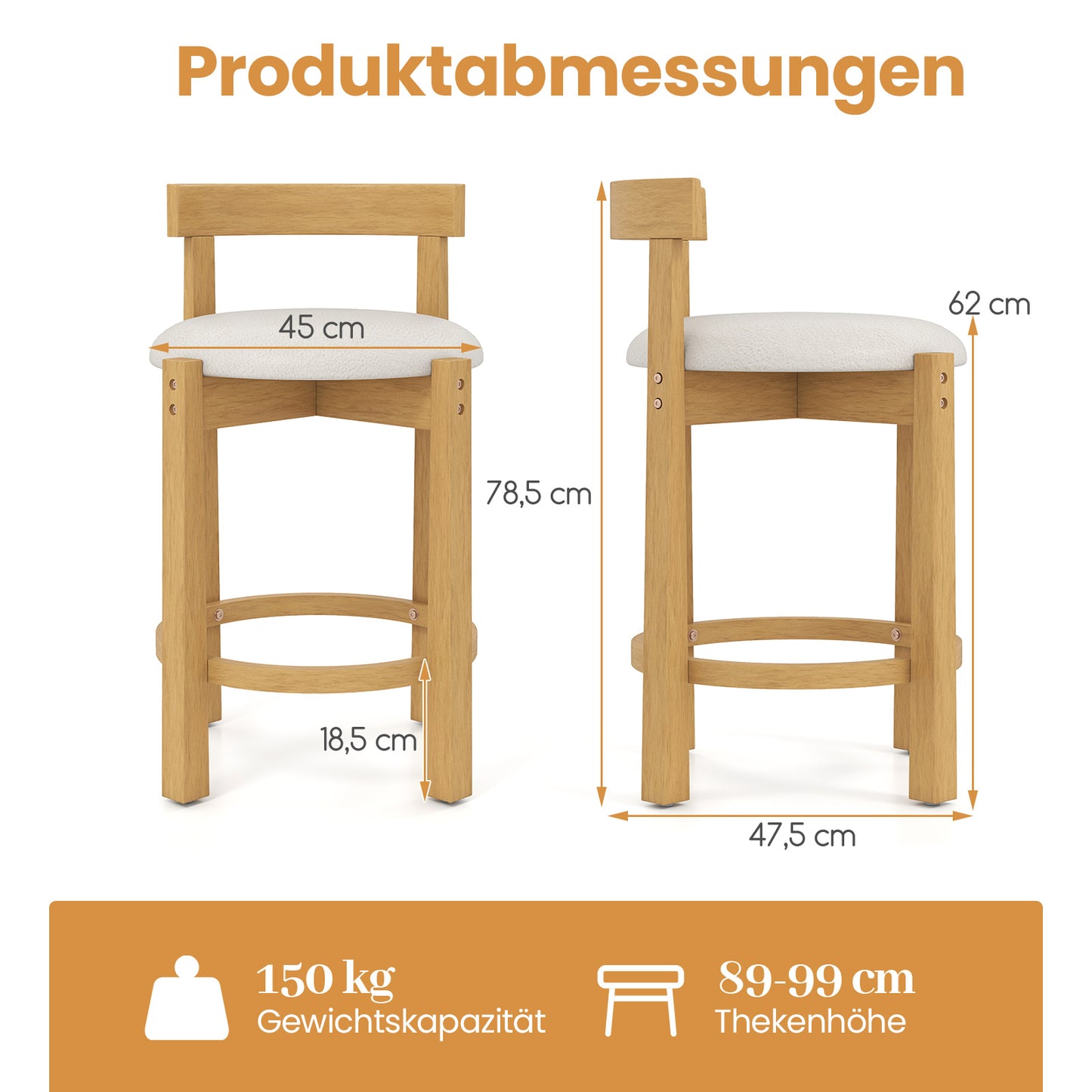 LIVSK Barkrukken Set van 2 - Rubberhouten Frame - Zachte Teddyvelours Zitting - Ergonomische Rugleuning - Zithoogte 62 cm -