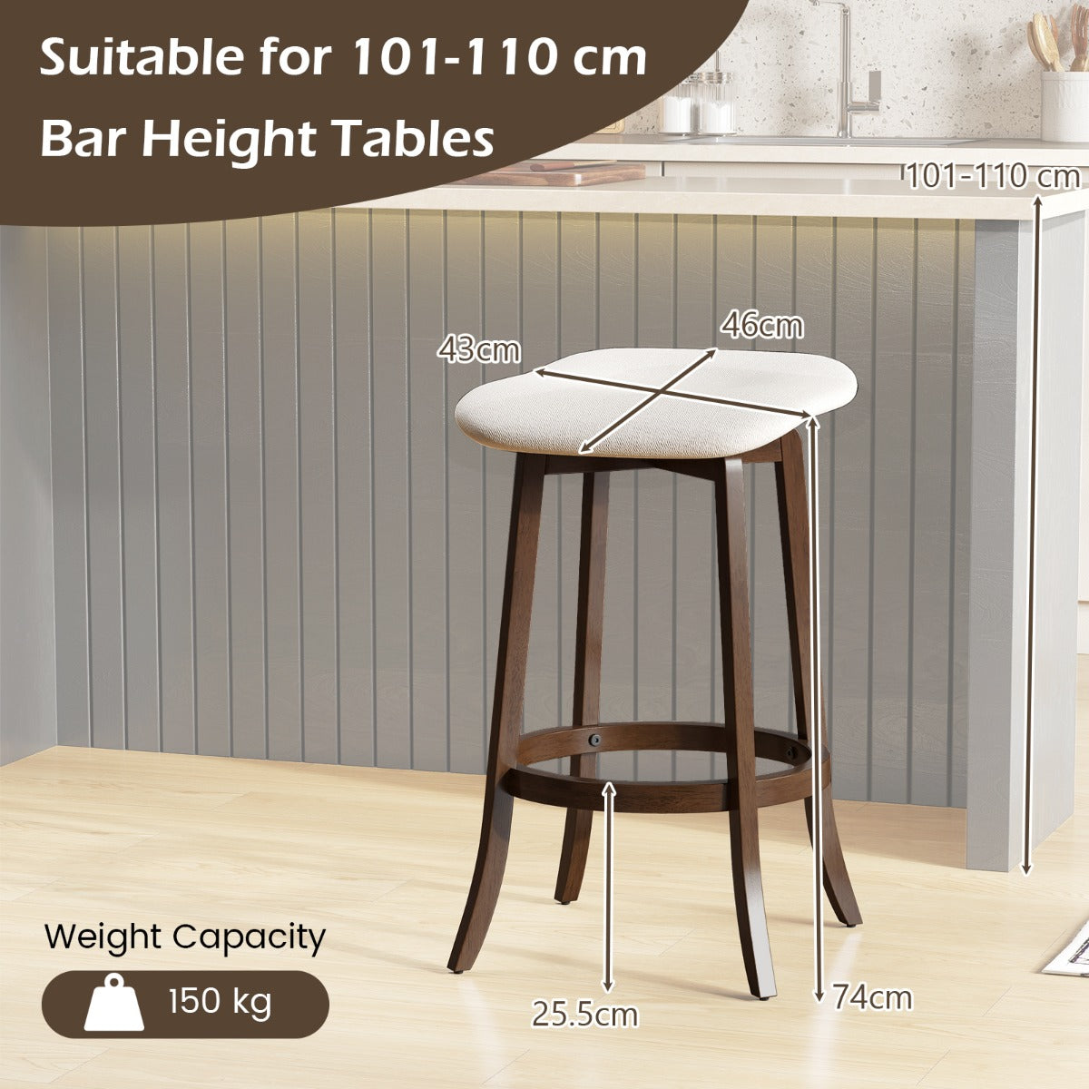 LIVSK Barkrukken zonder Rugleuning - 360° Draaibaar - Gevoerd met Ademend Stof - Robuuste Rubberhouten Poten - Tot 150 kg - Bruin