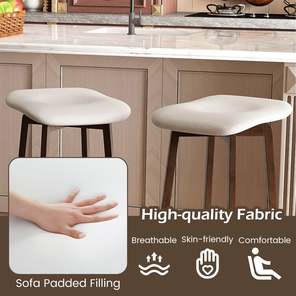 LIVSK Barkrukken zonder Rugleuning - 360° Draaibaar - Gevoerd met Ademend Stof - Robuuste Rubberhouten Poten - Tot 150 kg - Bruin