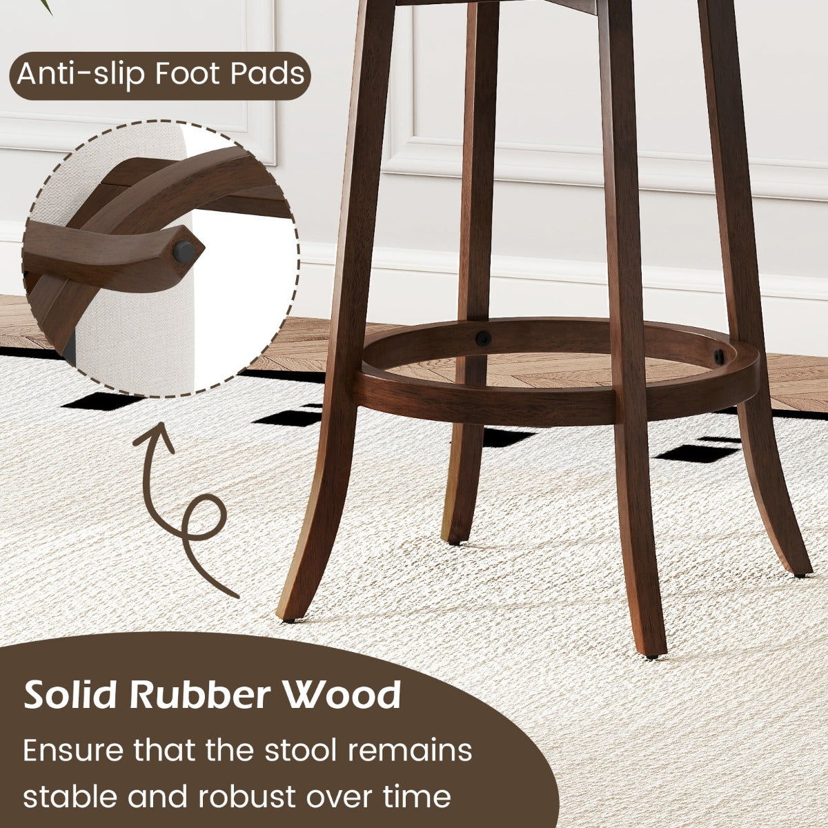 LIVSK Barkrukken zonder Rugleuning - 360° Draaibaar - Gevoerd met Ademend Stof - Robuuste Rubberhouten Poten - Tot 150 kg - Bruin