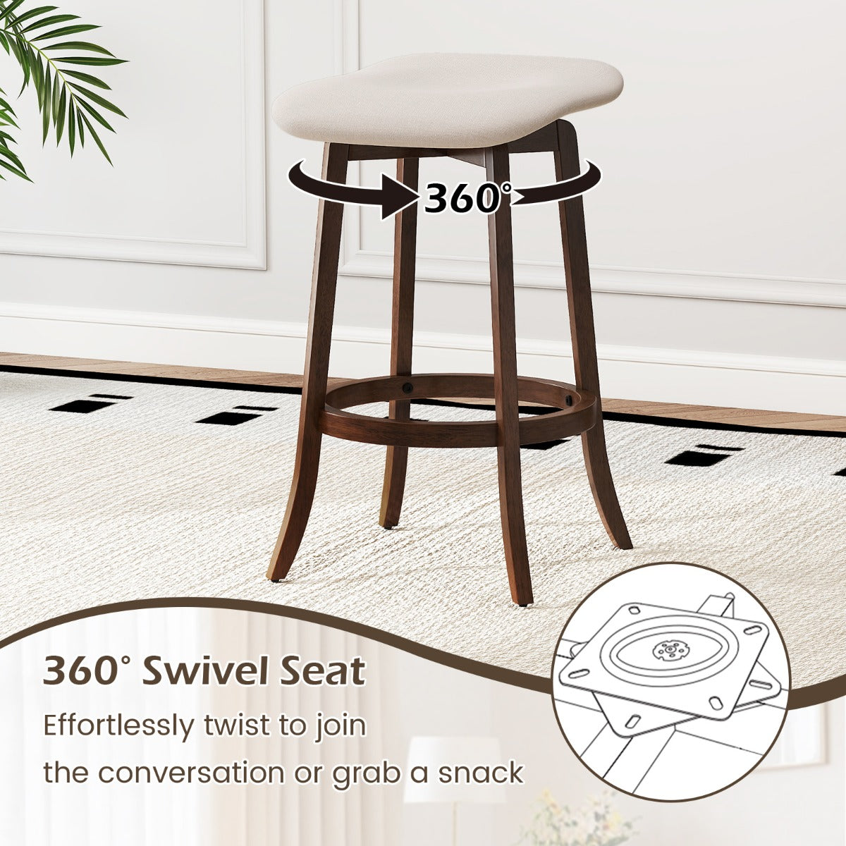 LIVSK Barkrukken zonder Rugleuning - 360° Draaibaar - Gevoerd met Ademend Stof - Robuuste Rubberhouten Poten - Tot 150 kg - Bruin