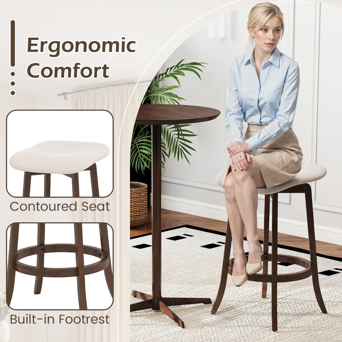 LIVSK Barkrukken zonder Rugleuning - 360° Draaibaar - Gevoerd met Ademend Stof - Robuuste Rubberhouten Poten - Tot 150 kg - Bruin