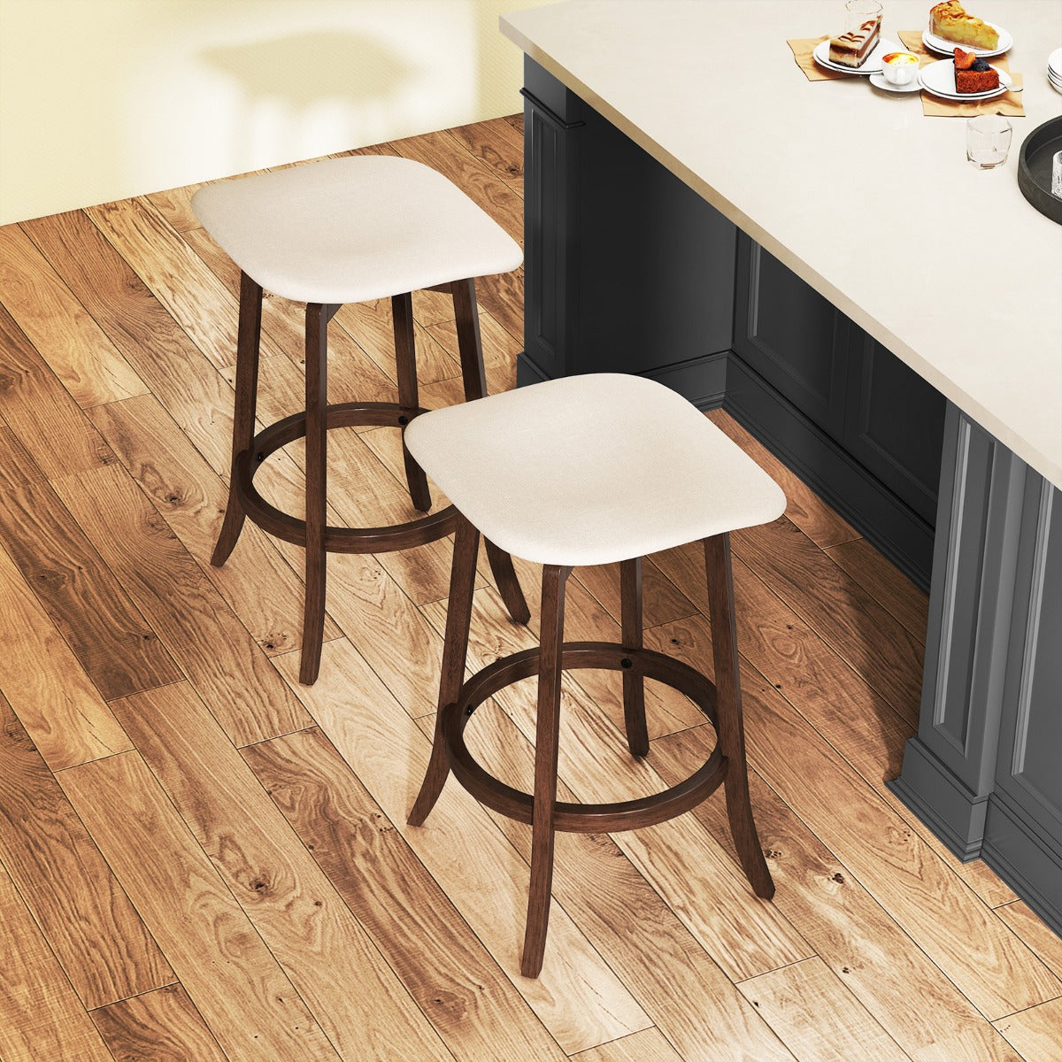 LIVSK Barkrukken zonder Rugleuning - 360° Draaibaar - Gevoerd met Ademend Stof - Robuuste Rubberhouten Poten - Tot 150 kg - Bruin