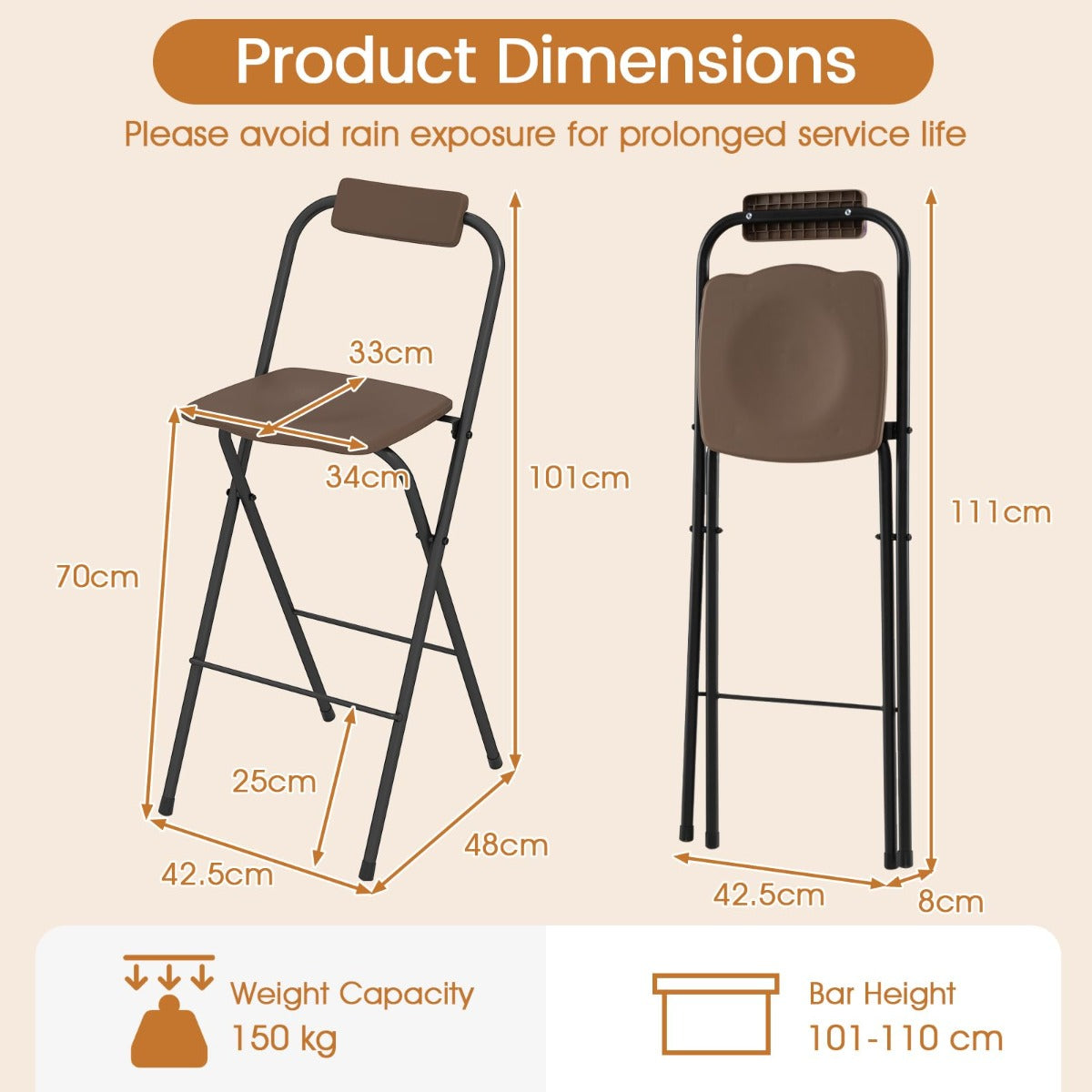 LIVSK Opvouwbare Terras-Barstoelen - Ergonomisch Comfort - Robuust Metalen Frame - Belastbaar tot 150 kg - Bruin en Zwart