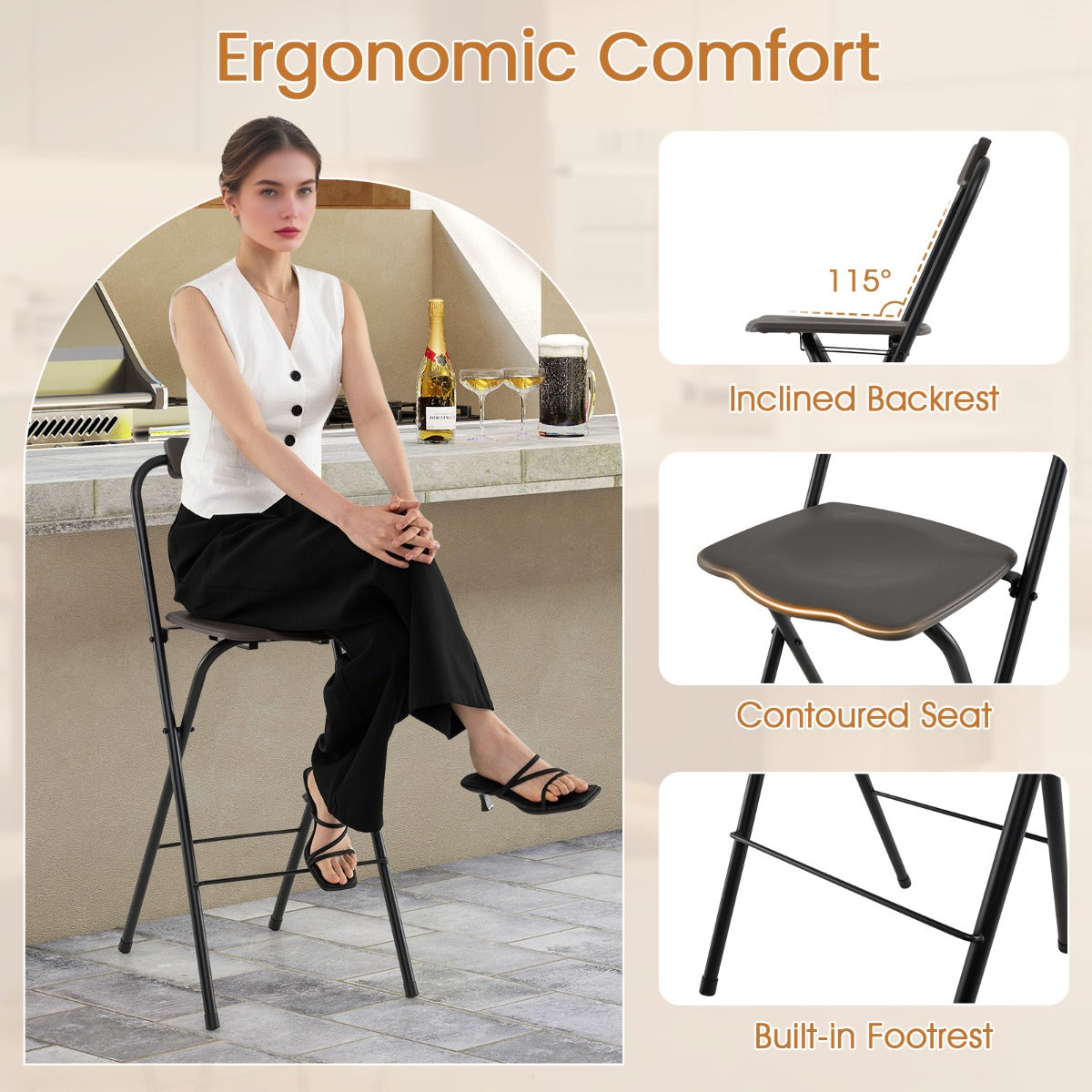 LIVSK Opvouwbare Hoge Terrasbarstoelen - Ergonomisch met Voetsteun - Robuust Metaal - Belastbaar tot 150 kg - 48 x 42,5 x 101 cm