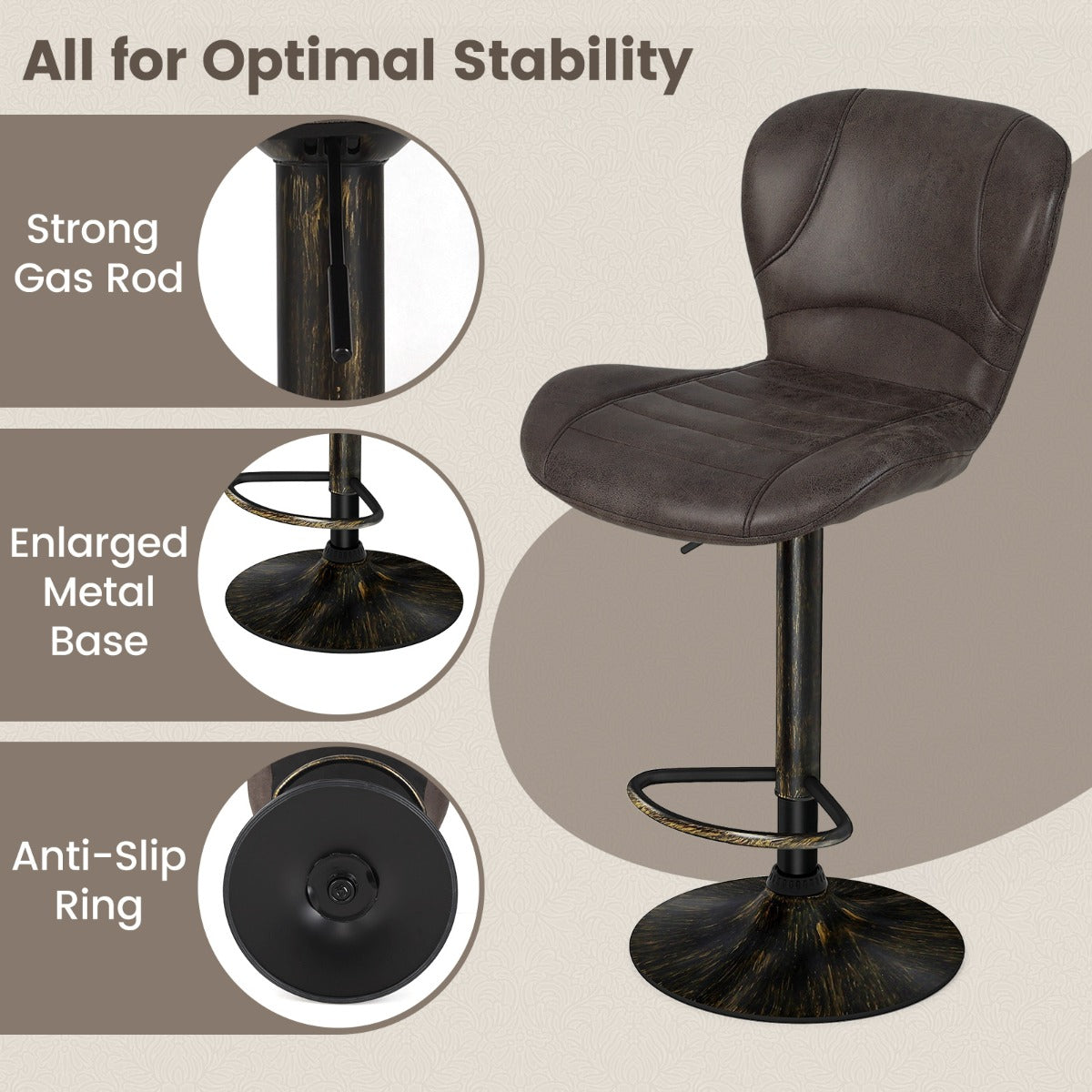 LIVSK Verstelbare Barkrukken - Ergonomisch Ontwerp, Draaibaar, Voetsteun - Tot 150 kg - Vintage Stijl - Bruin