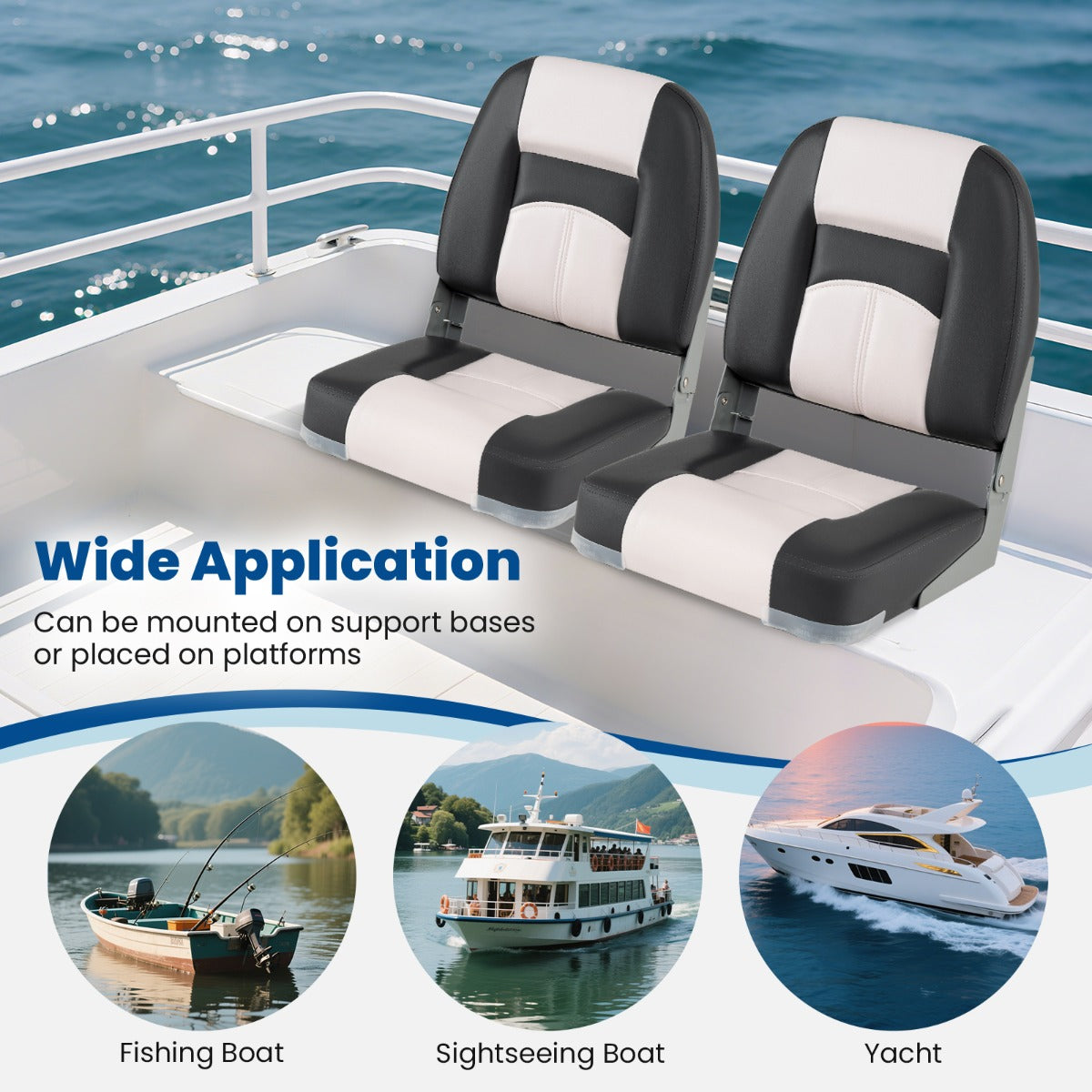 LIVSK Bootstoelenset - 2 Delige Set met Gewatteerde Rugleuningen - Opvouwbaar en Weerbestendig - 42 x 49 x 51 cm - Grijs + Wit