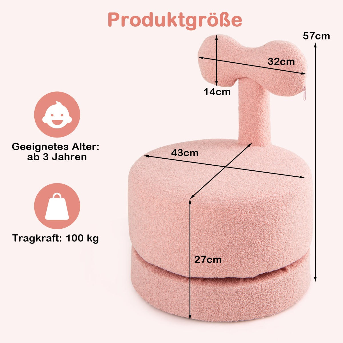 LIVSK Draaistoelen voor Kinderen - 360° Draaifunctie - Zacht Teddy-Velours - Strikrugleuning - Tot 100 kg - Roze