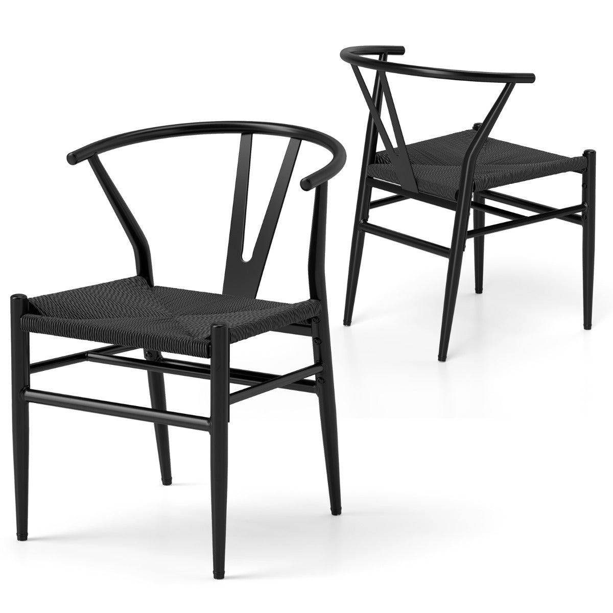 LIVSK Eetkamerstoelset - Ergonomisch met Y-vormige Rugleuningen - Handgeweven Kraftpapier - Robuust Metaal - Zwart