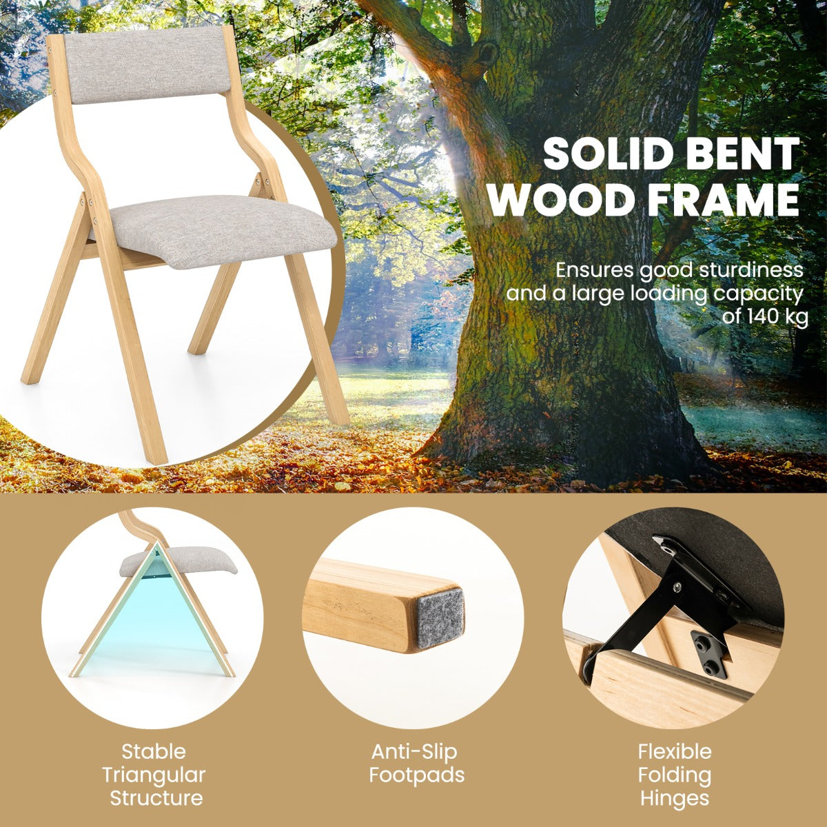 LIVSK Klapstoelen Set van 2 - Ruimtebesparend - Gebogen Houten Frame - Ademend Linnen - Tot 140 kg - Grijs+Natuur