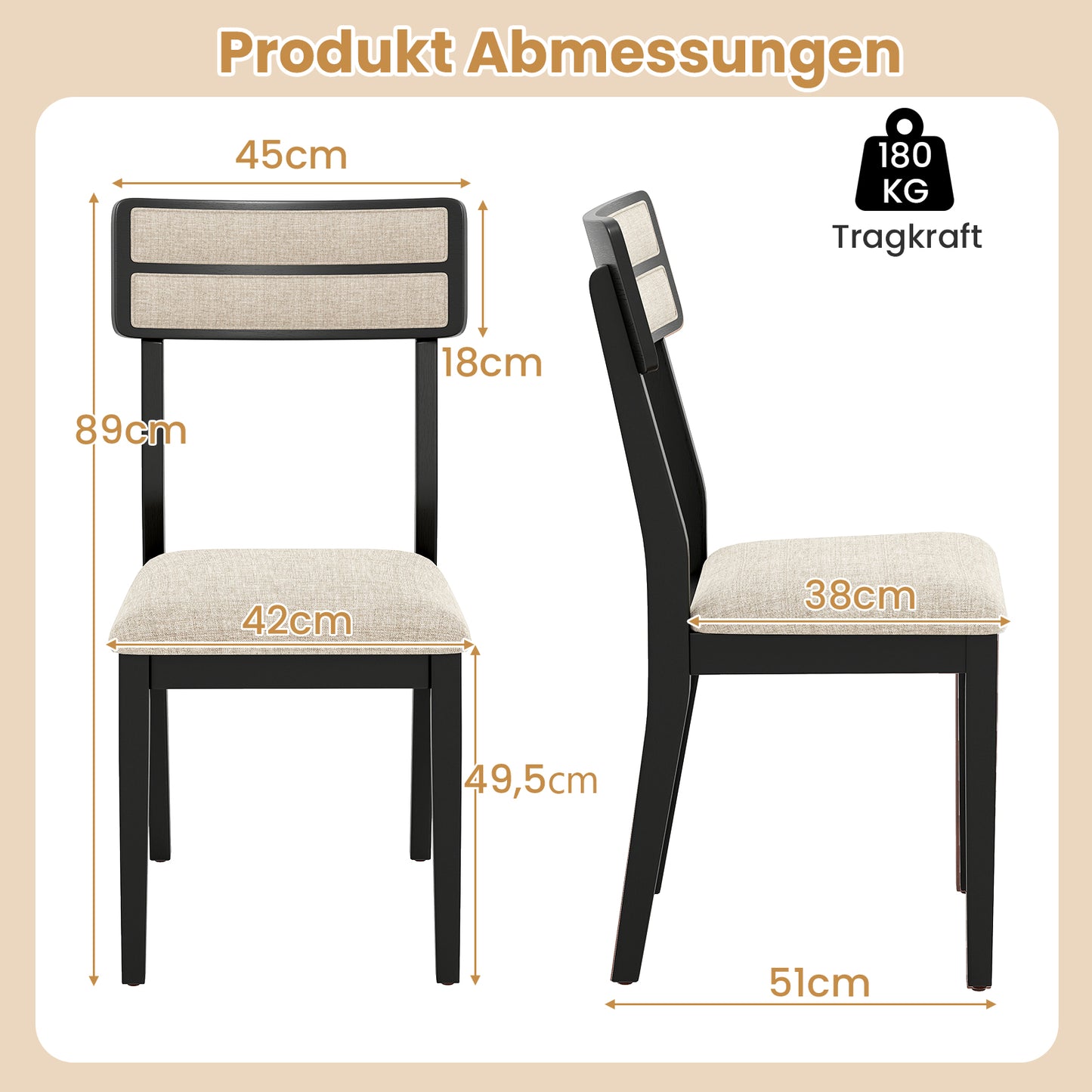 LIVSK Gestoffeerde Eetkamerstoelen - Slijtvast Linnen - Ergonomisch Design - Tot 180 kg - Eenvoudige Montage - Zwart