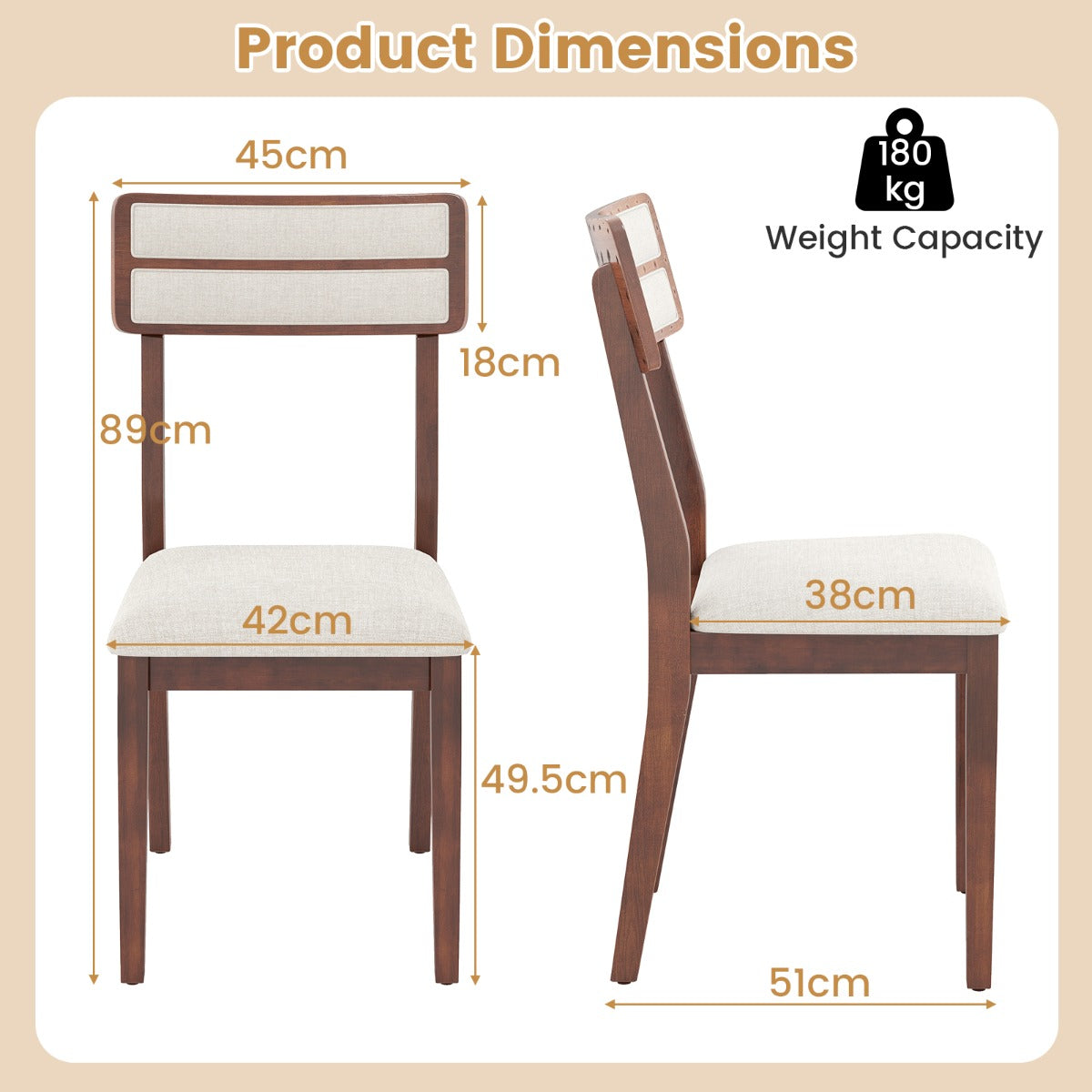 LIVSK Gestoffeerde Eetkamerstoelen - Slijtvast Linnen - Ergonomische Rugleuning - Rubberwood Poten - Set van 2 - Notenhout