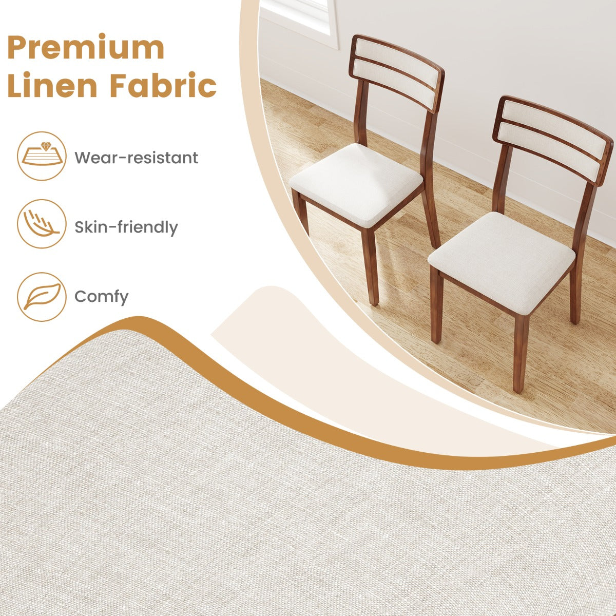 LIVSK Gestoffeerde Eetkamerstoelen - Slijtvast Linnen - Ergonomische Rugleuning - Rubberwood Poten - Set van 2 - Notenhout