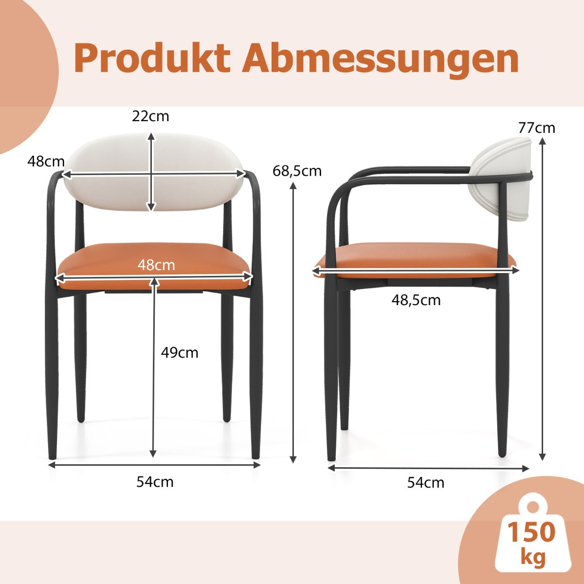 LIVSK Eetkamerstoelen Set van 2 - Ruime Zitting - Gebogen Rugleuning - Metalen Frame - Tot 150 kg - Wit + Oranje + Zwart